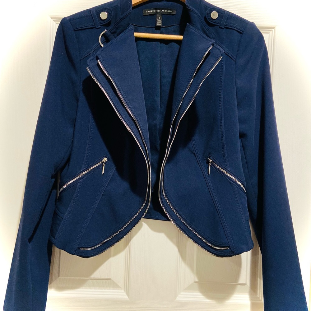 White House Black Market Dark Navy Moto Blazer with Silver Zippers